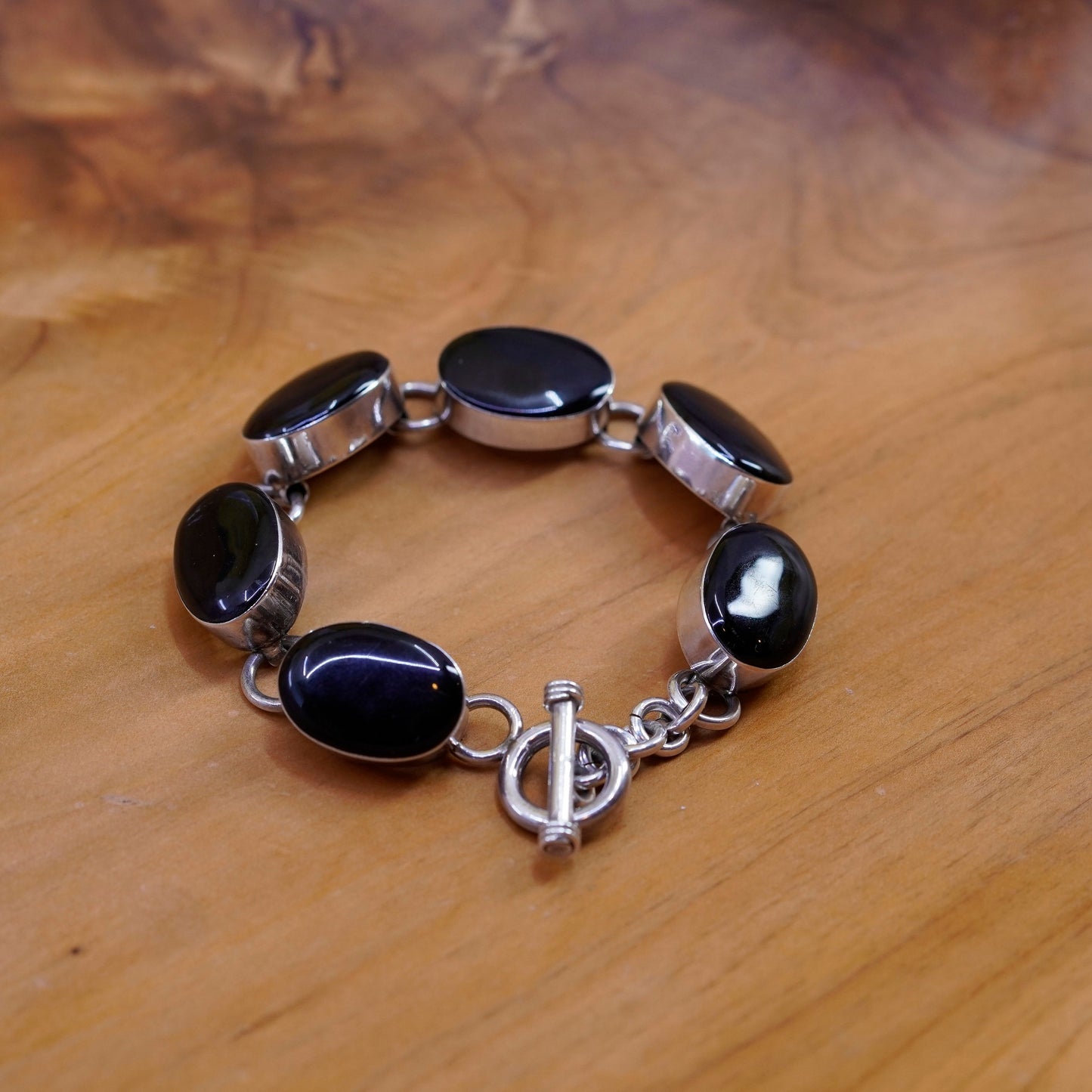 6.5”, vintage Sterling silver handmade bracelet, Mexico 925 chain oval onyx