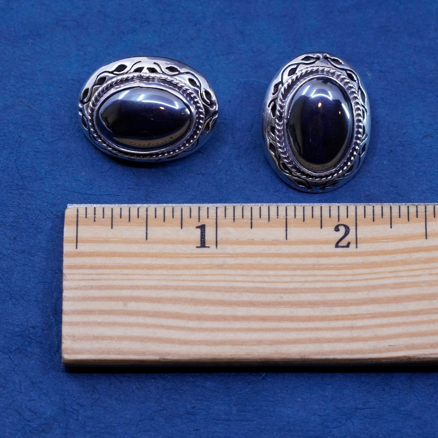 vtg Mexico sterling 925 silver handmade clip on earrings oval hematite vines