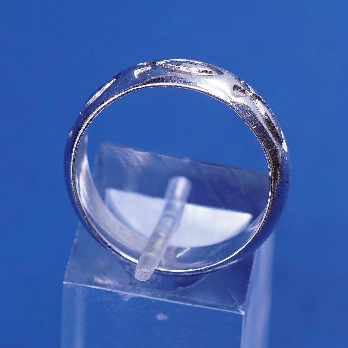 sz 9, vtg BSD Sterling silver handmade ring, 925 prayer band w/ fish
