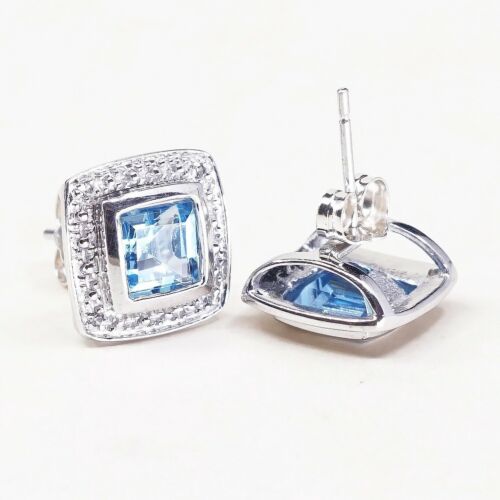 Vtg Fashionable Sterling Silver Handmade Earrings, 925 Studs W/ Blue Topaz
