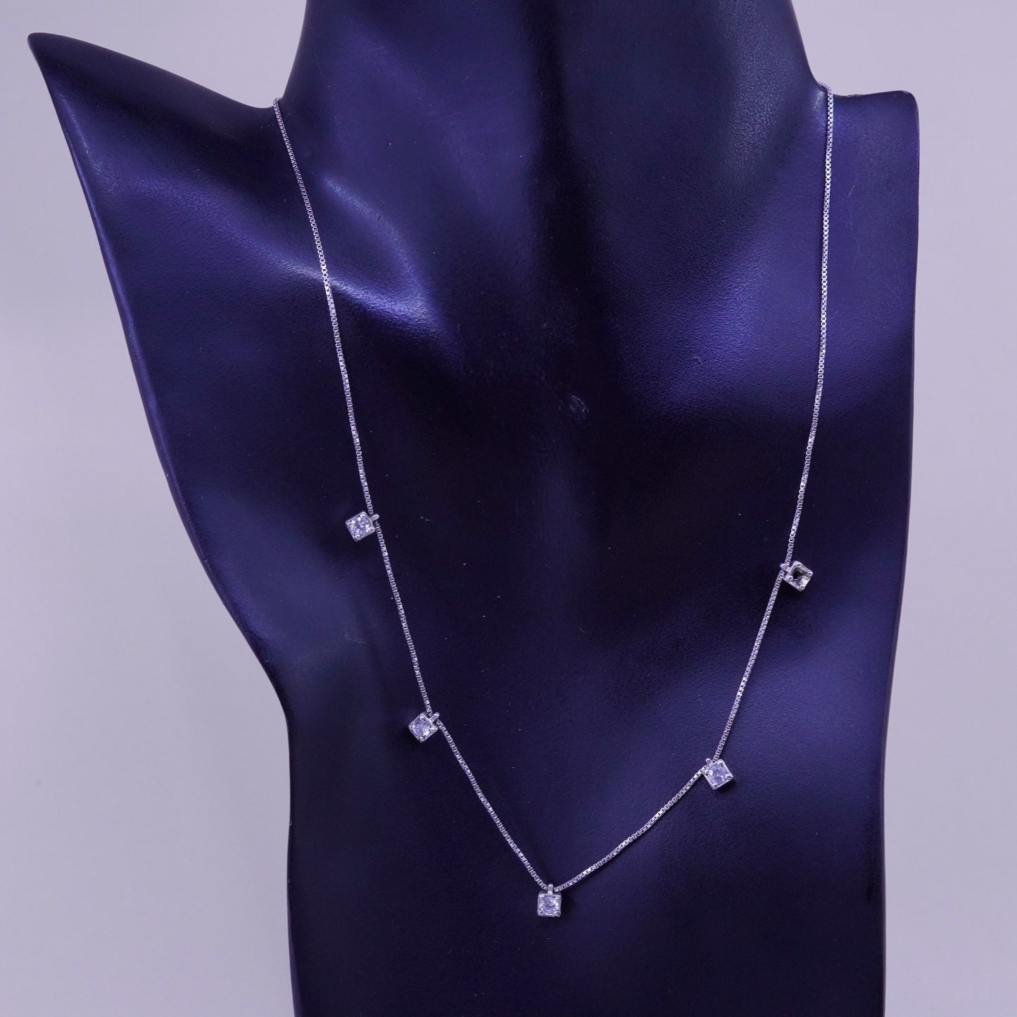16+2”, vintage sterling silver box chain necklace with cz