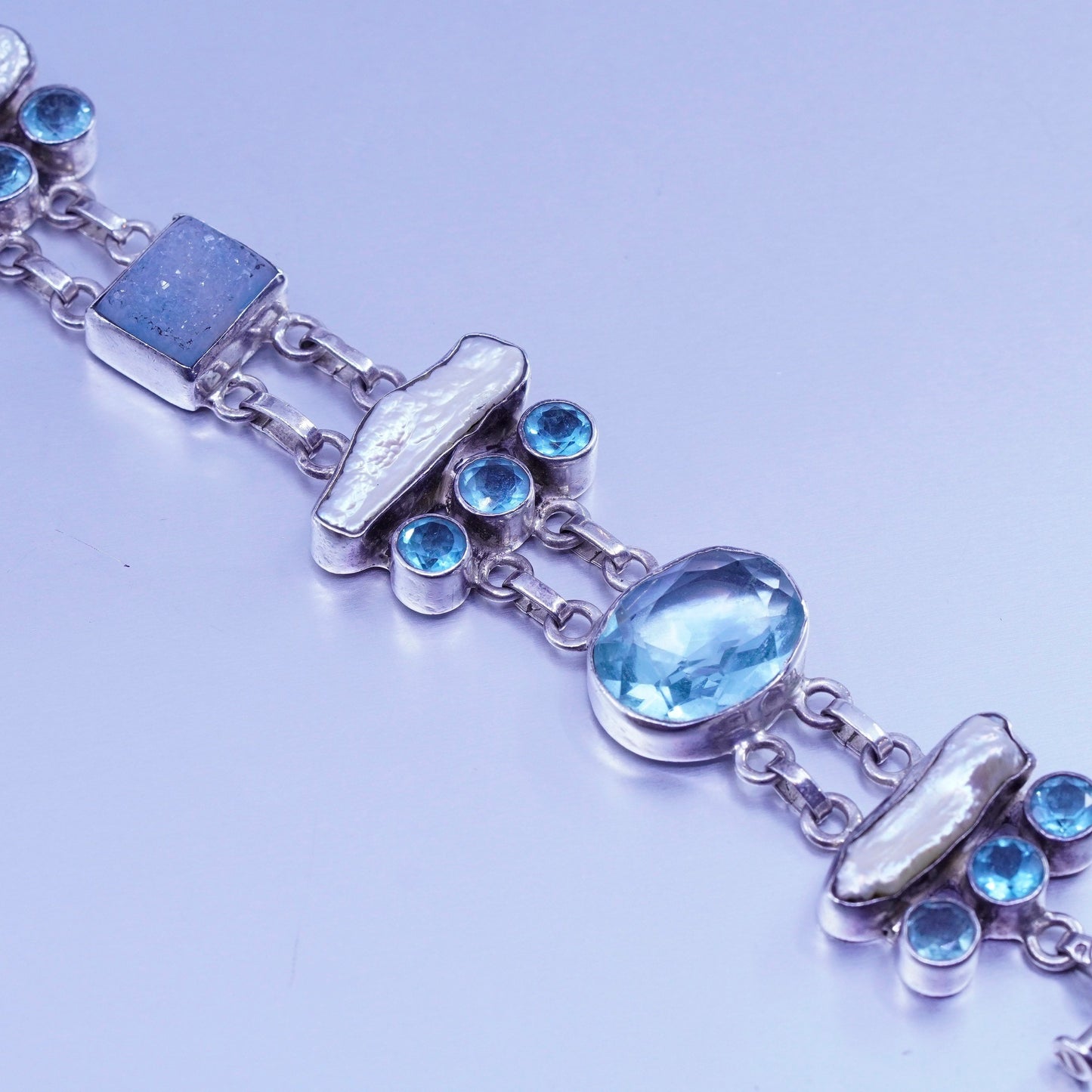 7.5+1”, Vintage Sterling 925 silver handmade bracelet topaz baroque pearl