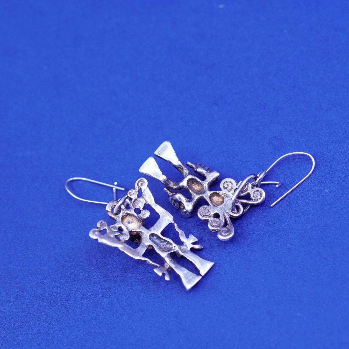 Vintage sterling silver handmade earrings, 950 filigree Peruvian god Incas