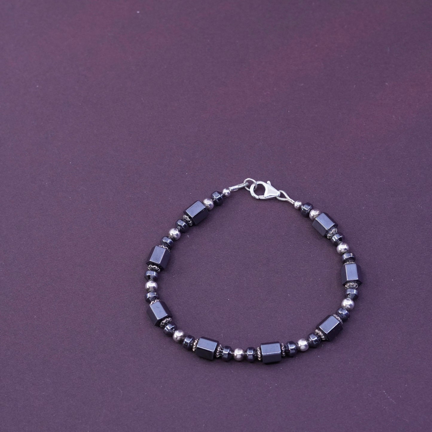 7” Vintage sterling 925 silver handmade bracelet with hematite beads