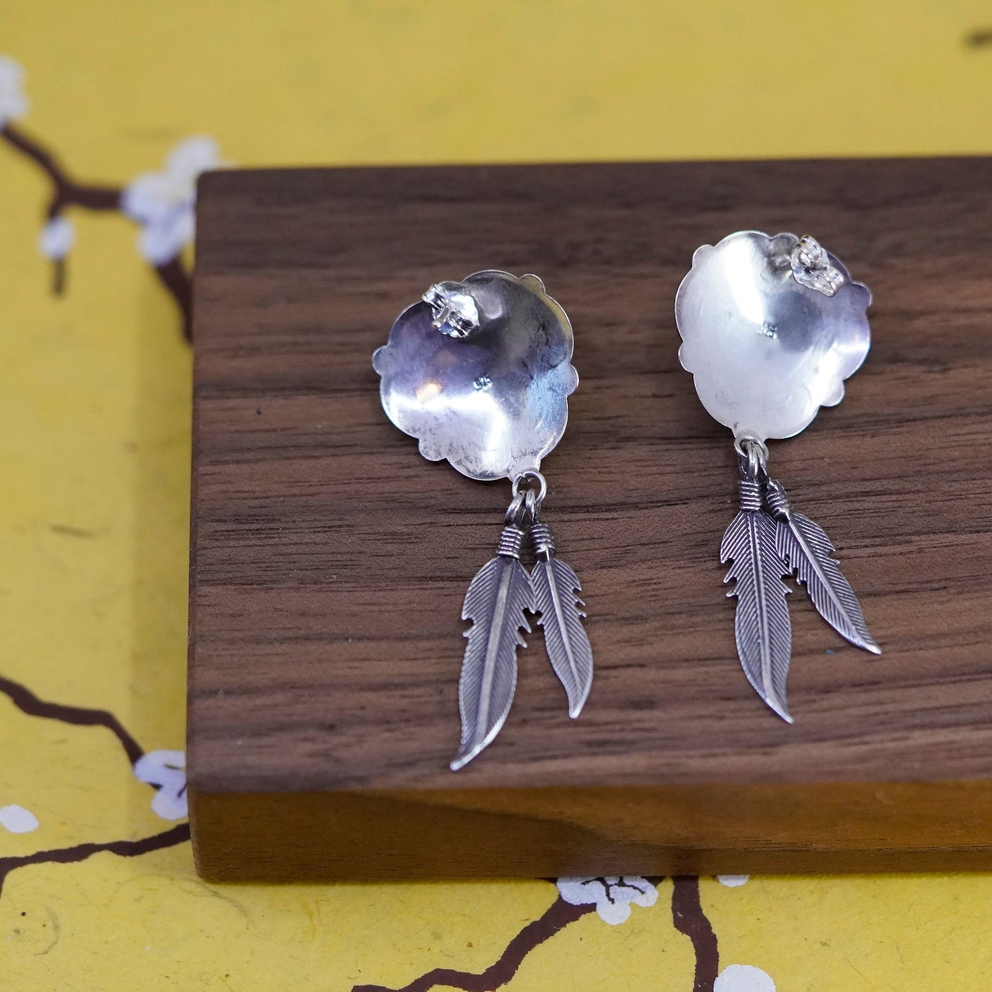 Native American Sterling 925 silver handmade heart earrings with onyx feather
