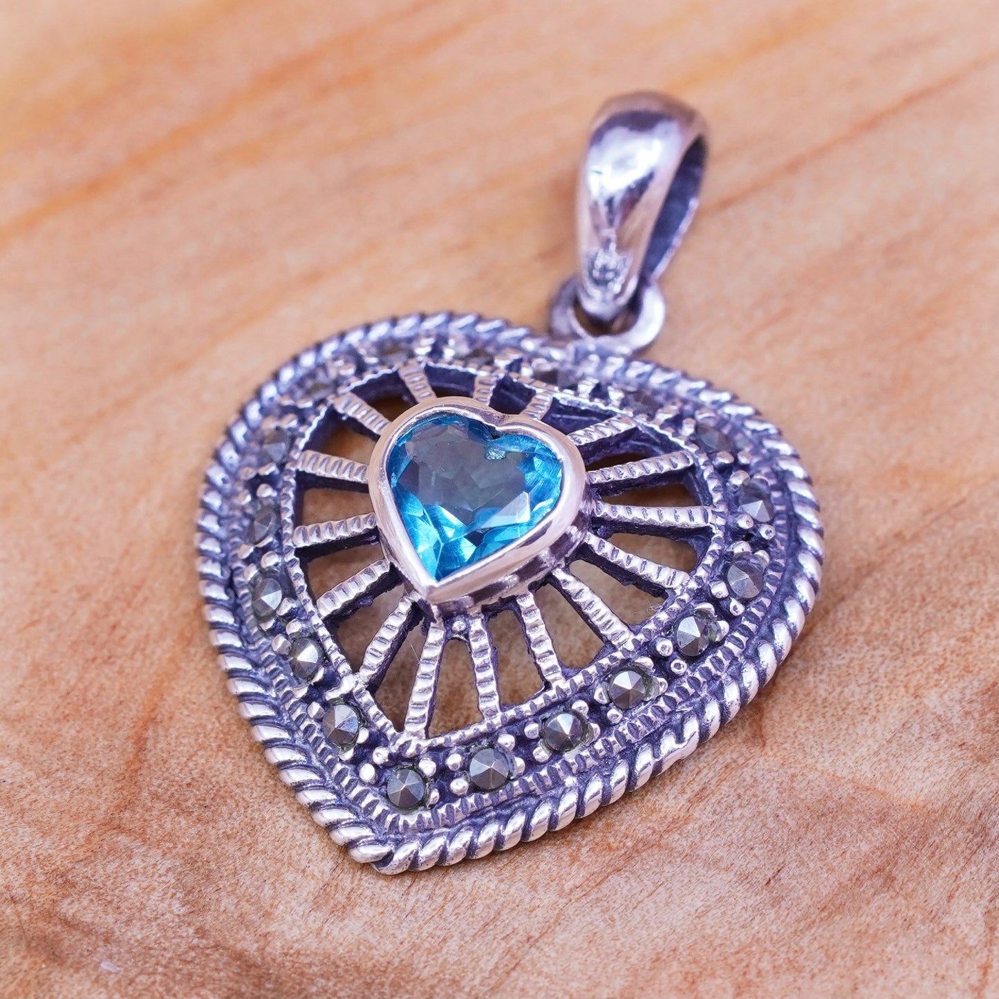 Sterling 925 silver handmade filigree heart pendant w/ blue topaz and Marcasite