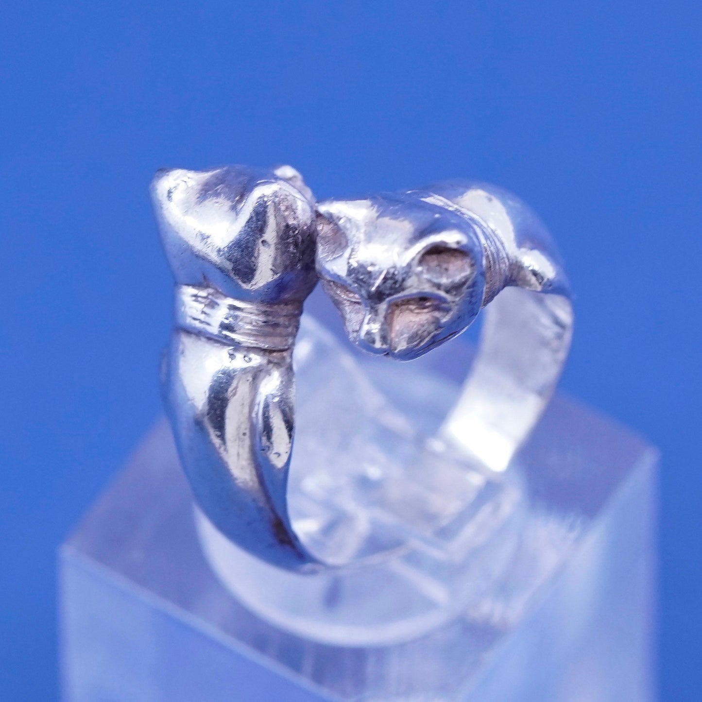 Size adjustable, vtg Sterling Silver Handmade ring, 925 double cat wrap band