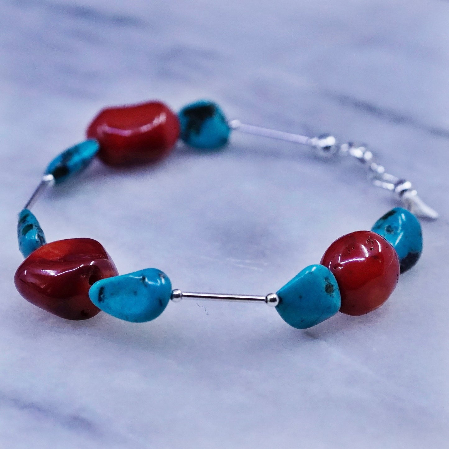 7”, sterling 925 silver handmade bracelet with turquoise and coral beads