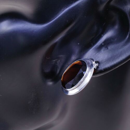 Vintage Modern Sterling Silver Handmade Earrings, 925 Silver Oval Studs W/ Ruby