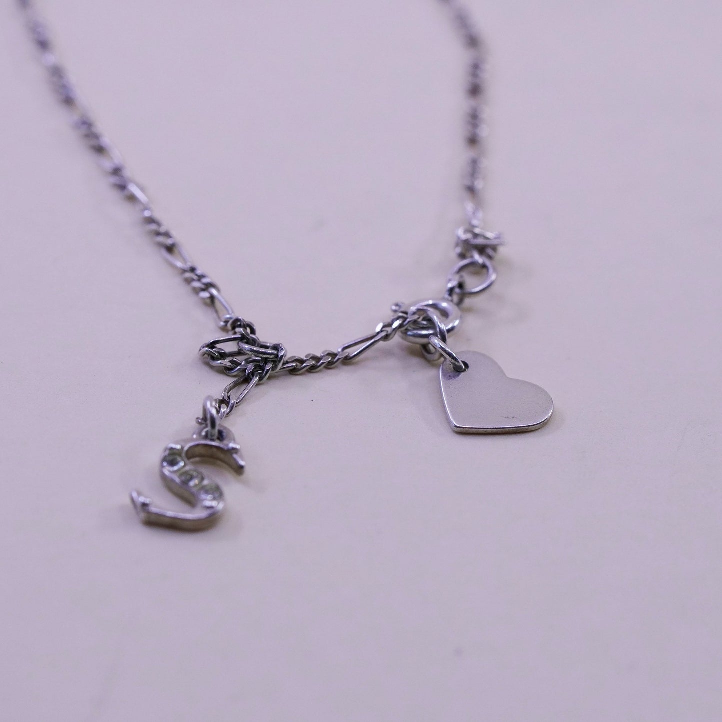 9.25”, sterling silver ankle bracelet, 925 chain, figaro anklet heart charm