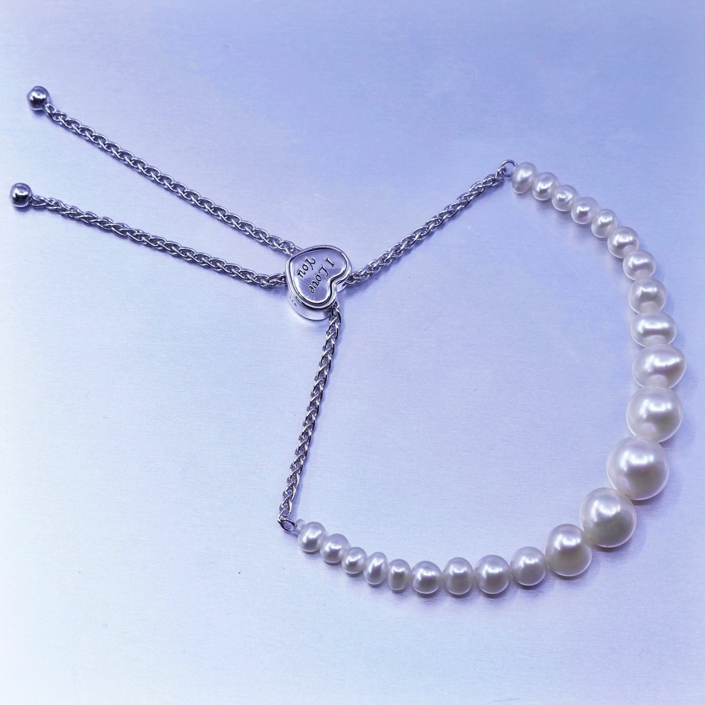 Size adjustable, Sterling 925 silver bracelet pearl heart charm “I love you Zoe