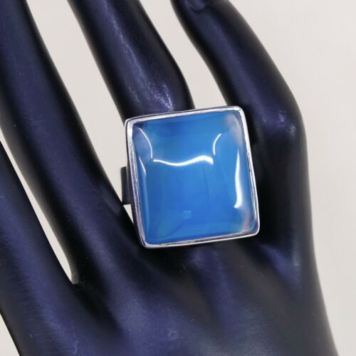 Sz 10, Vtg 925 sterling silver handmade Statement ring W/ Dendritic Blue agate