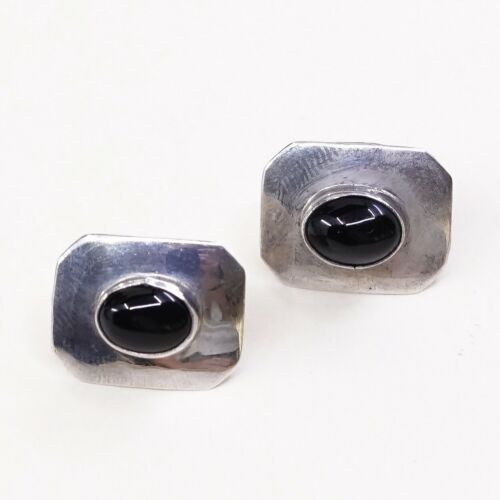 Vintage Sterling Silver Handmade Earrings, 925 Silver Studs W/ Obsidian