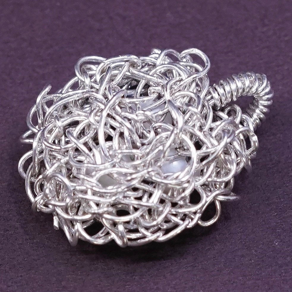 VTG Sterling silver handmade pendant, 925 wired bird nest w/ pearl details