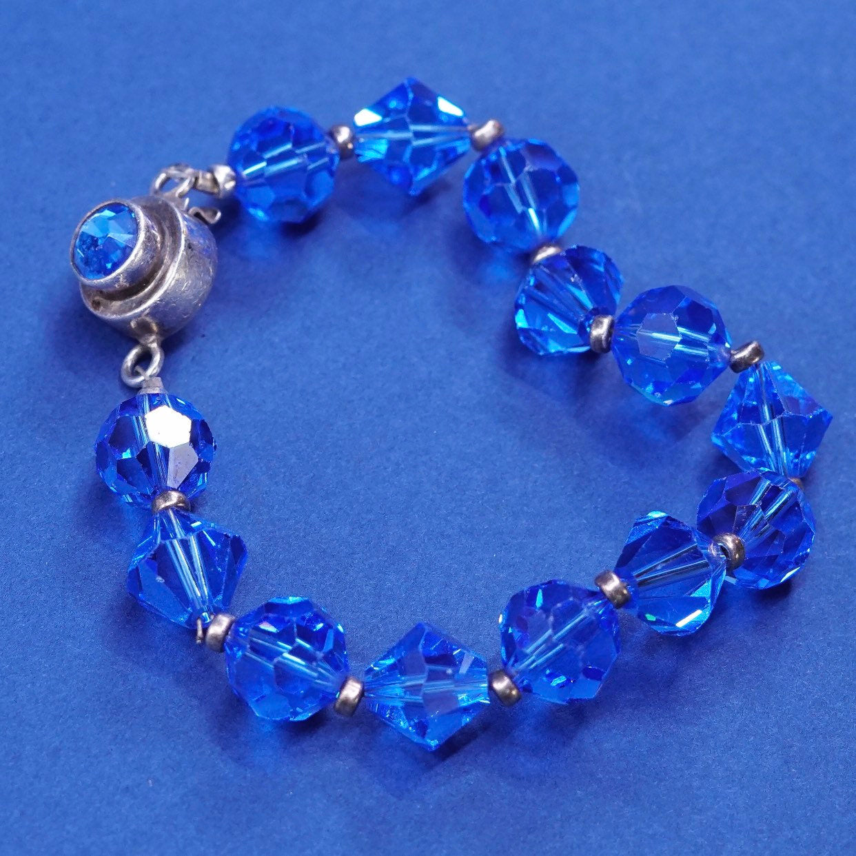 6”, vtg sterling silver handmade bracelet, 925 w/ blue crystal beads