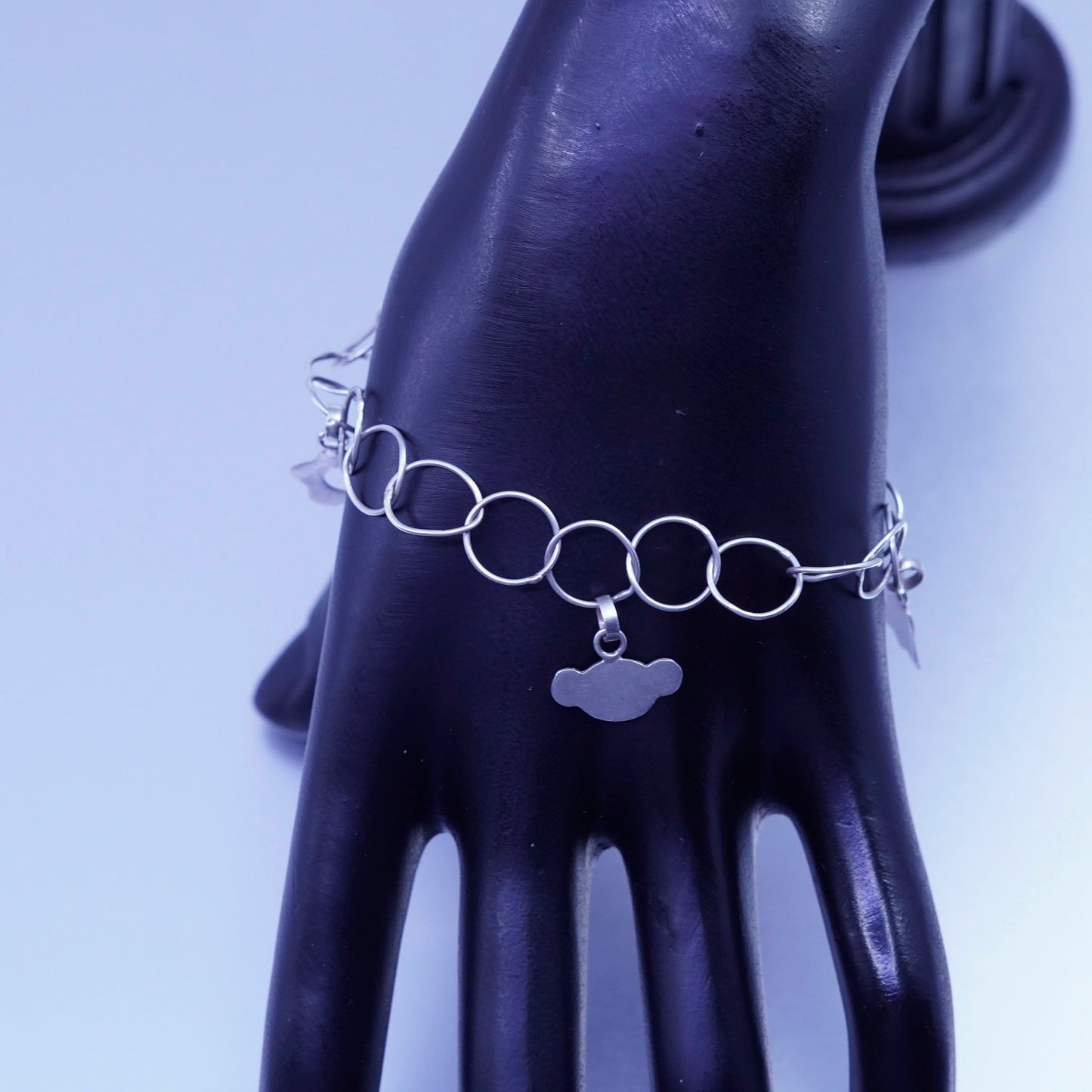7.25”, Sterling 925 silver bracelet, circle chain flower teddy bear charms