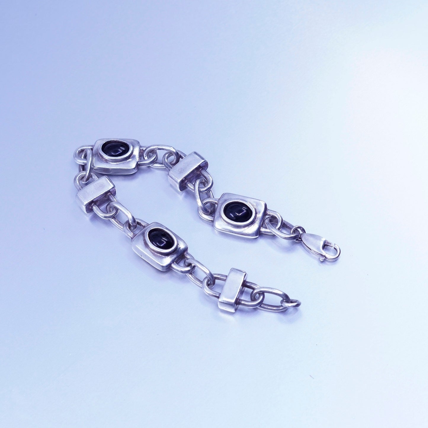 6.75”, vintage Sterling 925 silver handmade bold bracelet with obsidian beads
