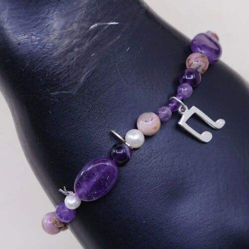 7”, Vtg Amethyst Elastic Bracelet W/ Pearl Beads N Sterling 925 Music Symbol