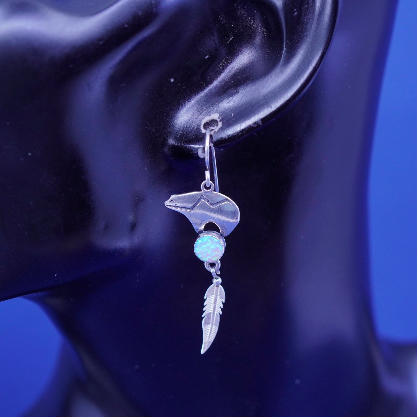 Navajo Glenn Irene sterling 925 silver handmade bear with opal feather dangles