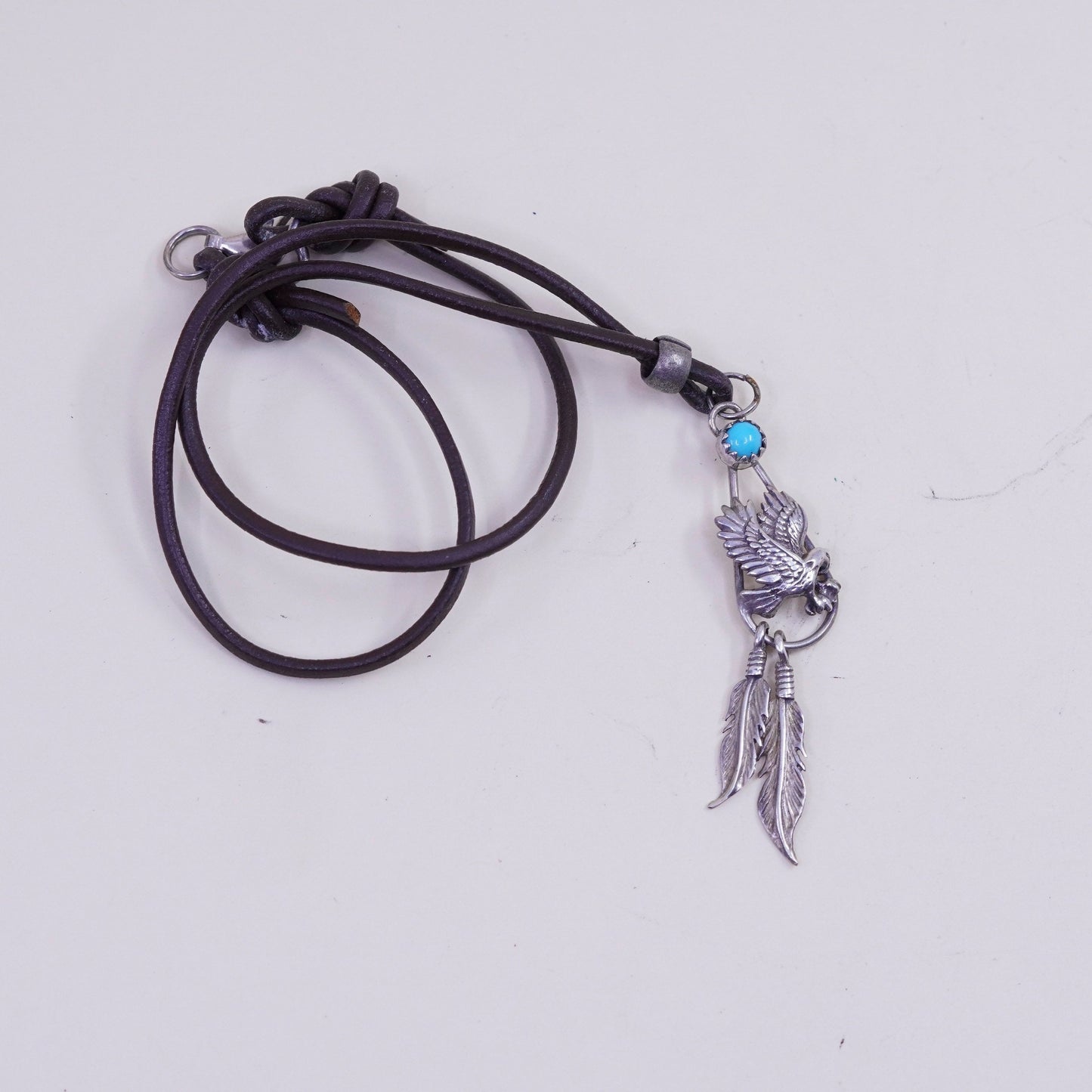 14”, Native American sterling silver necklace, 925 eagle pendant leather chain