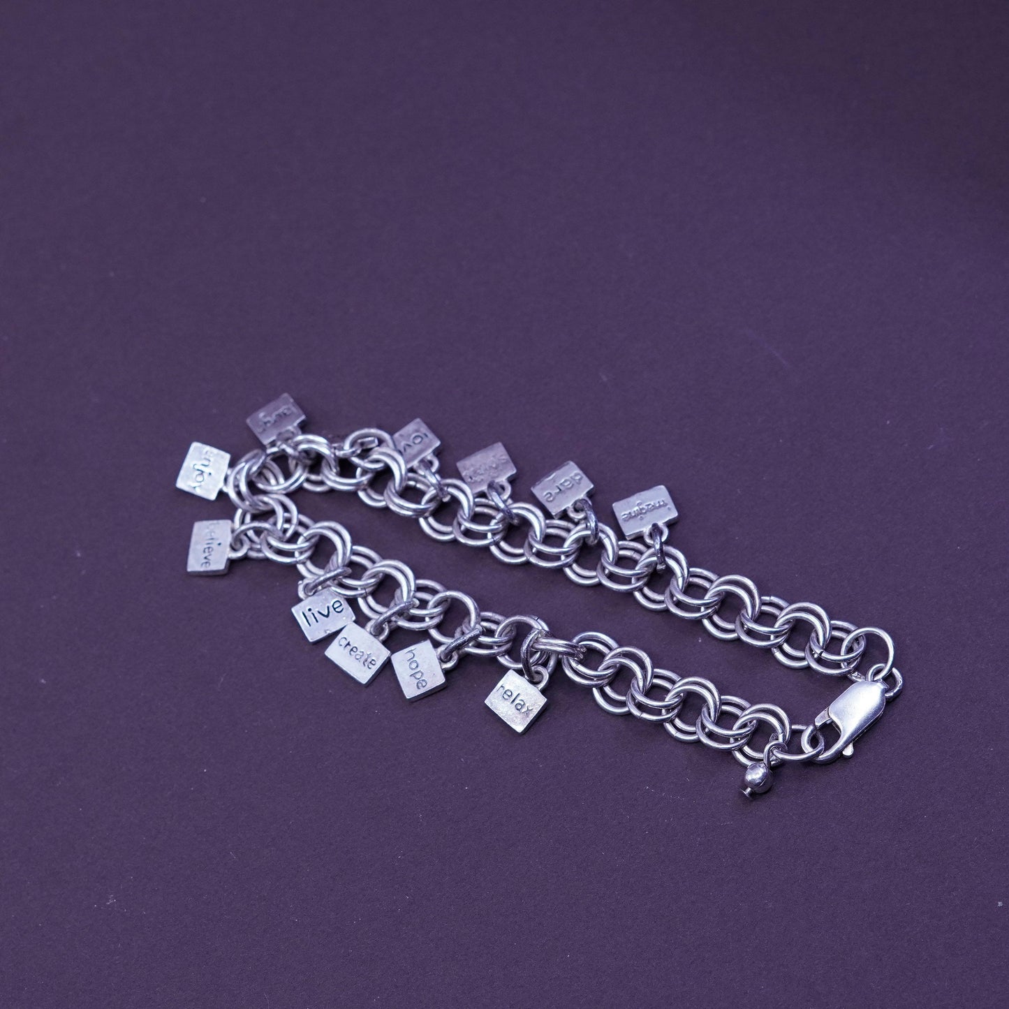 7.25”, vintage Sterling silver handmade charm bracelet, 925 double circle chain