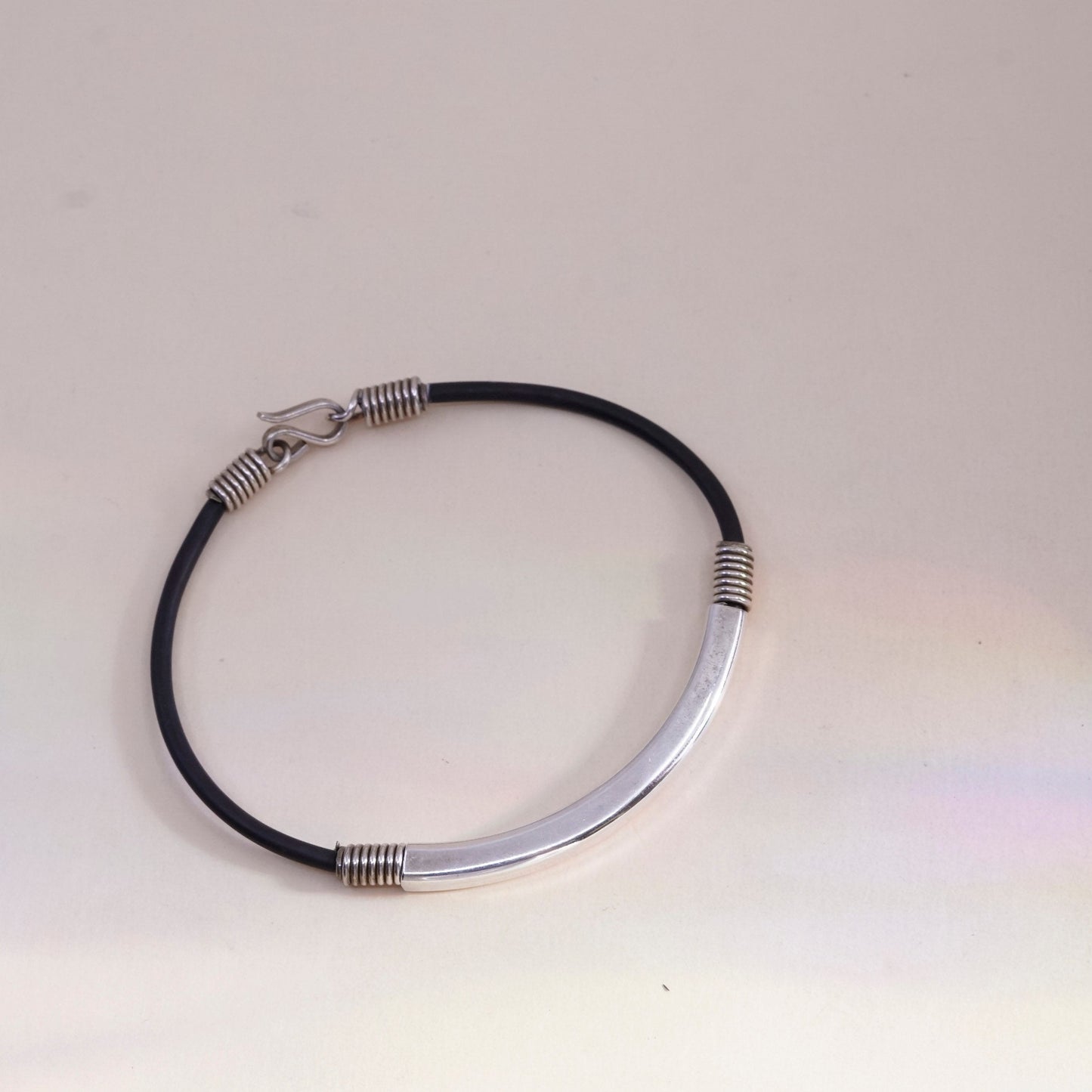7.25”, Vintage black rubber chain with sterling 925 silver bar,