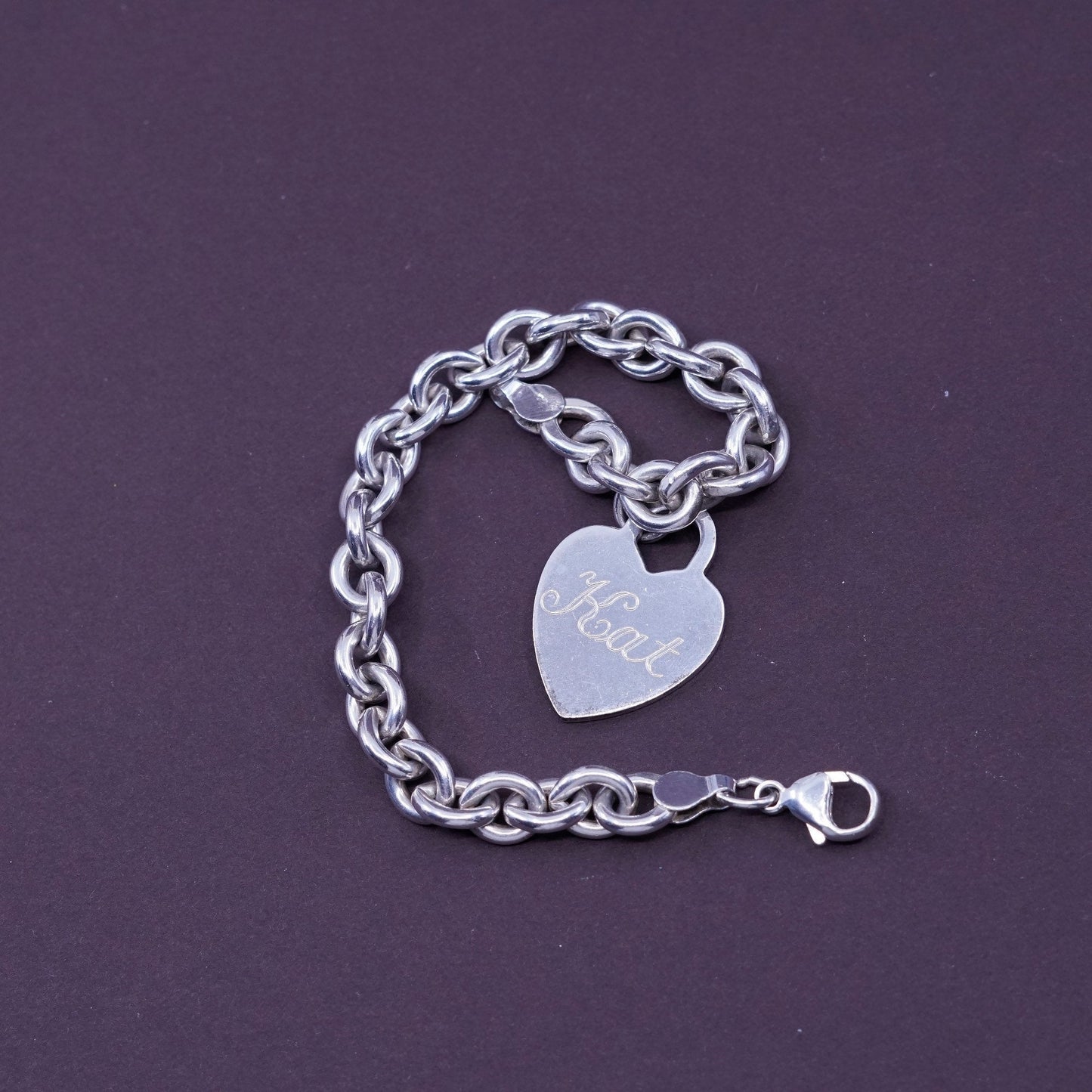 6.75”, 8mm, Sterling silver handmade charm bracelet, 925 circle chain w/ heart