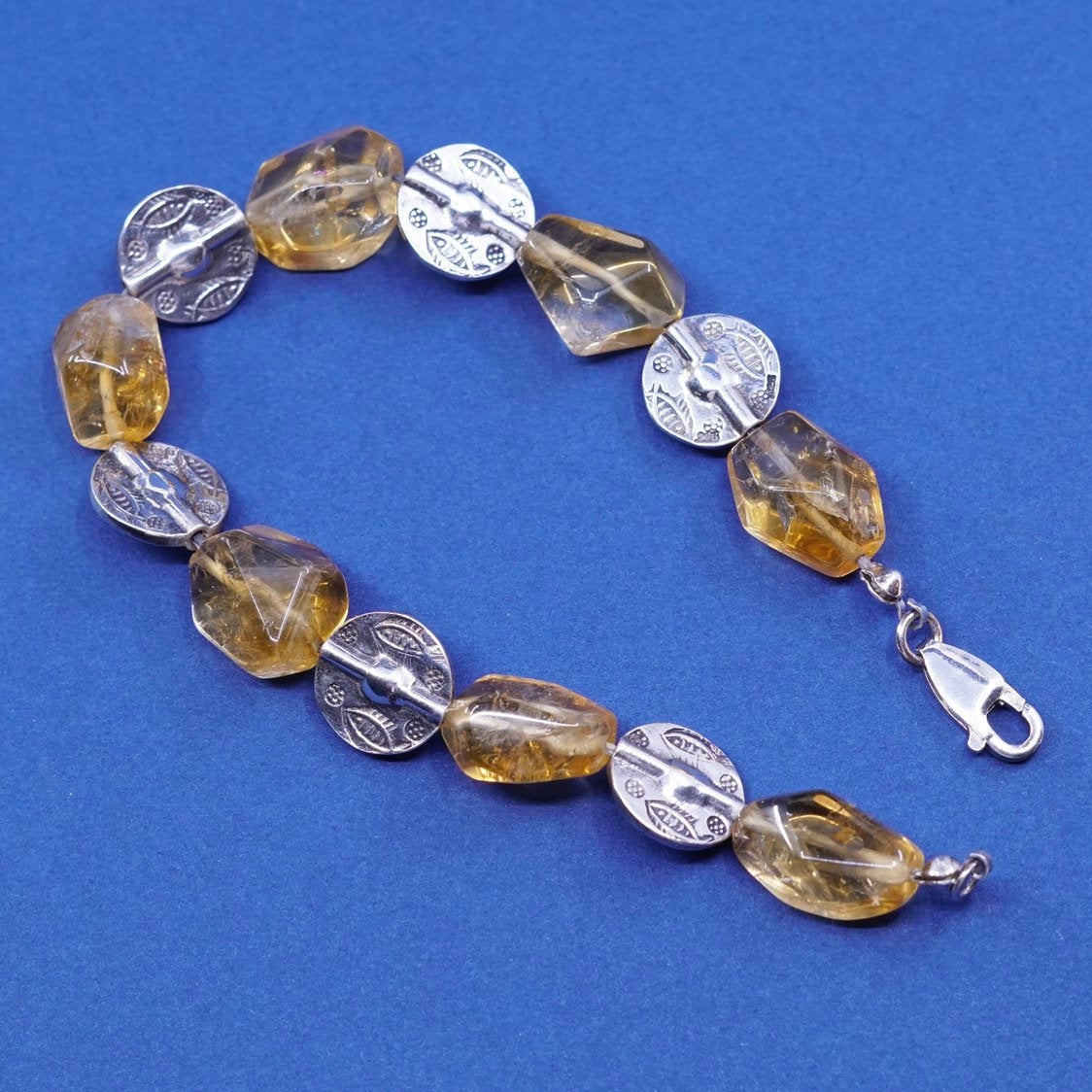 7.5", vtg Sterling silver handmade bracelet, 925 w/ citrine, stamped 925