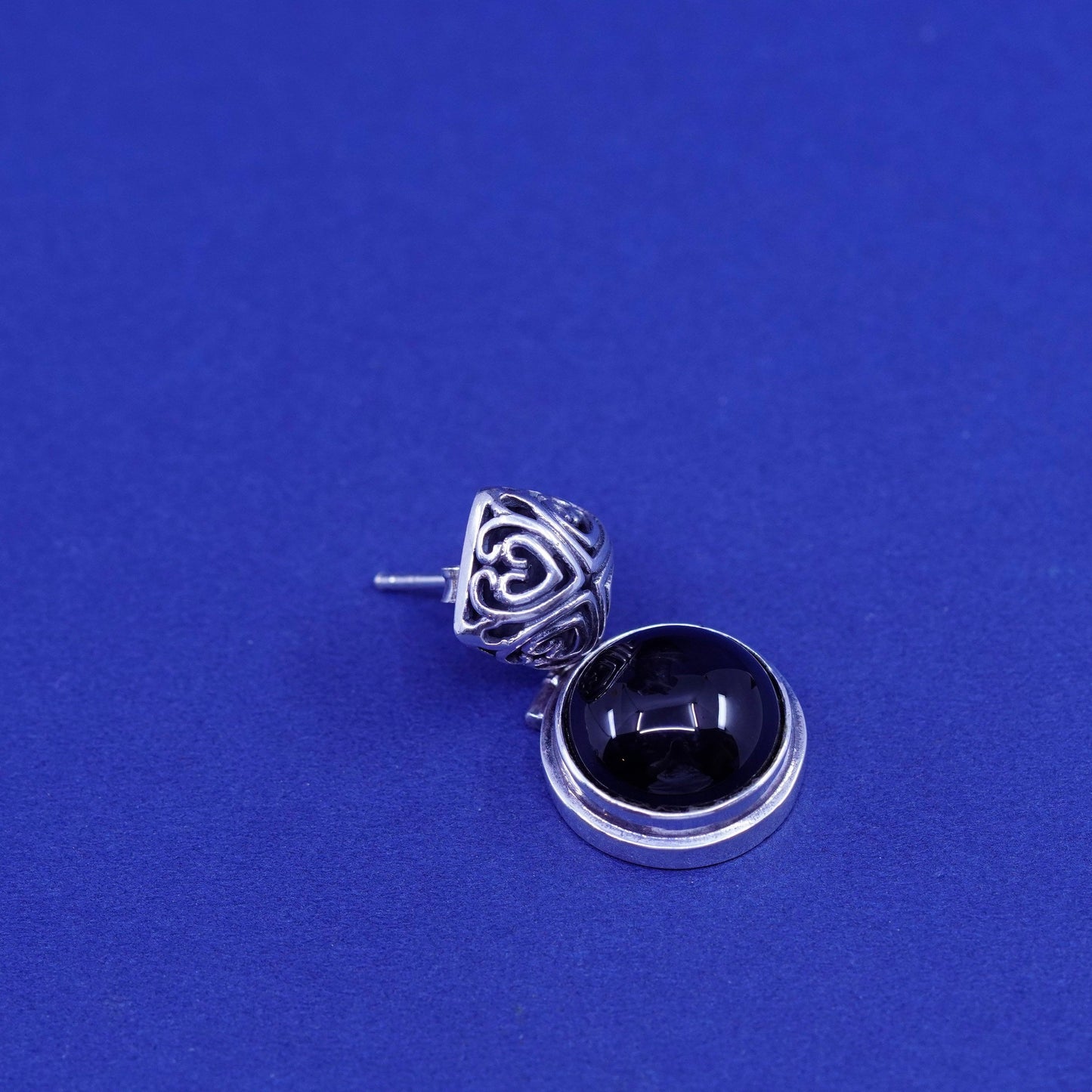 Vintage Sterling 925 Silver Handmade filigree Earrings with round onyx
