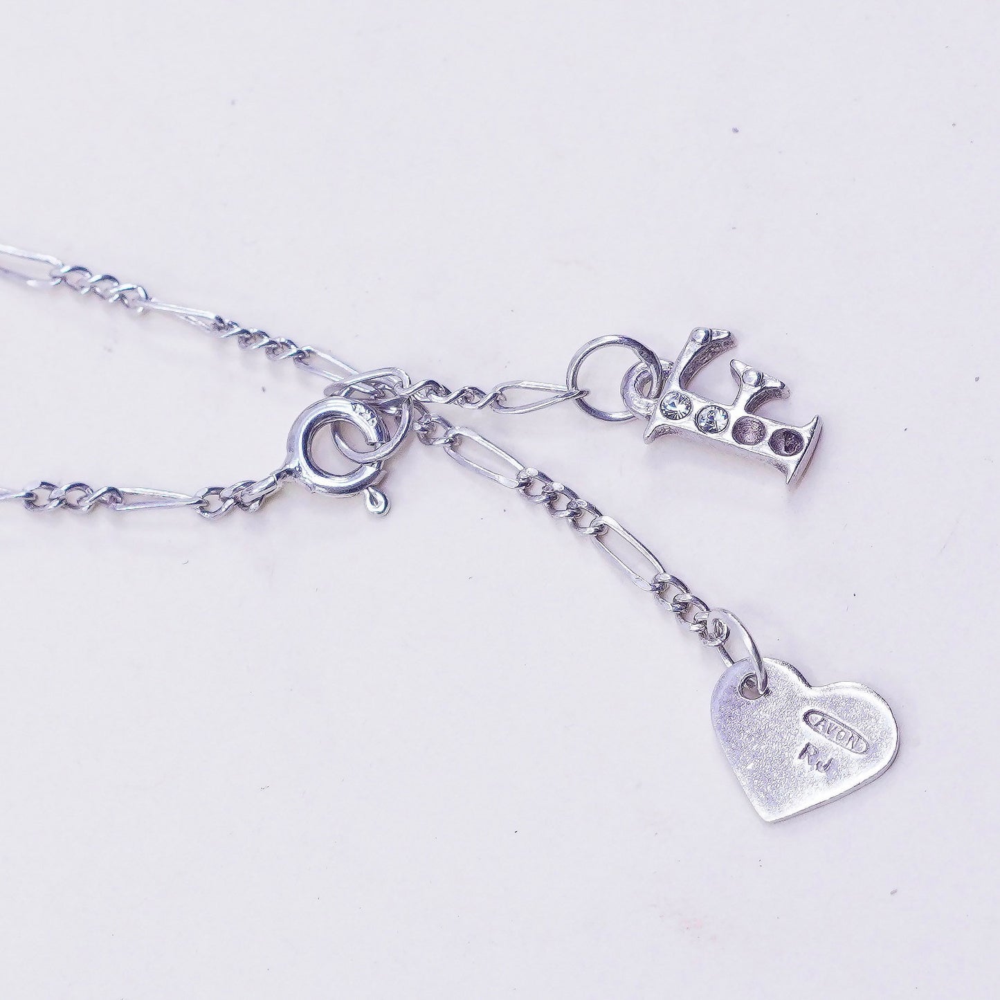 8.5”, Vintage sterling silver Figaro charm bracelet with 925 heart charms