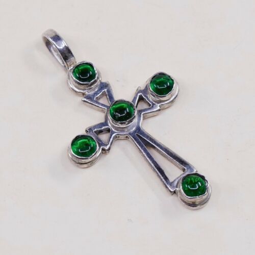 Vintage Sterling Silver Handmade Pendant, 925 silver cross w/ Green Glass