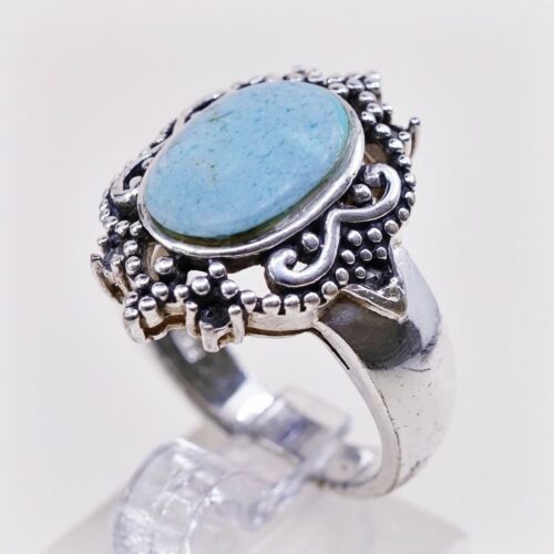 Sz 8, Vtg Sterling Silver Handmade Ring W/ Oval Turquoise N Beads, Stamped 925