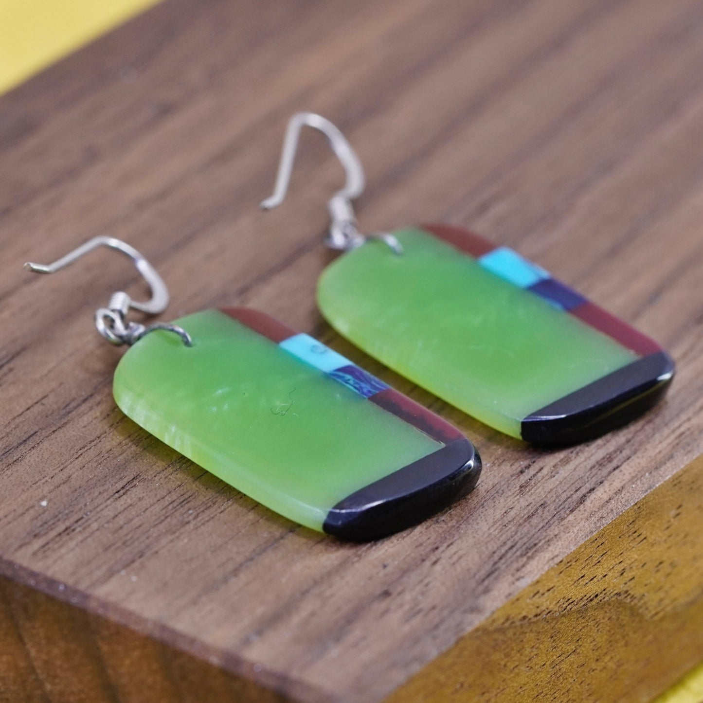 Vintage Sterling 925 silver handmade earrings green resin rectangular dangle