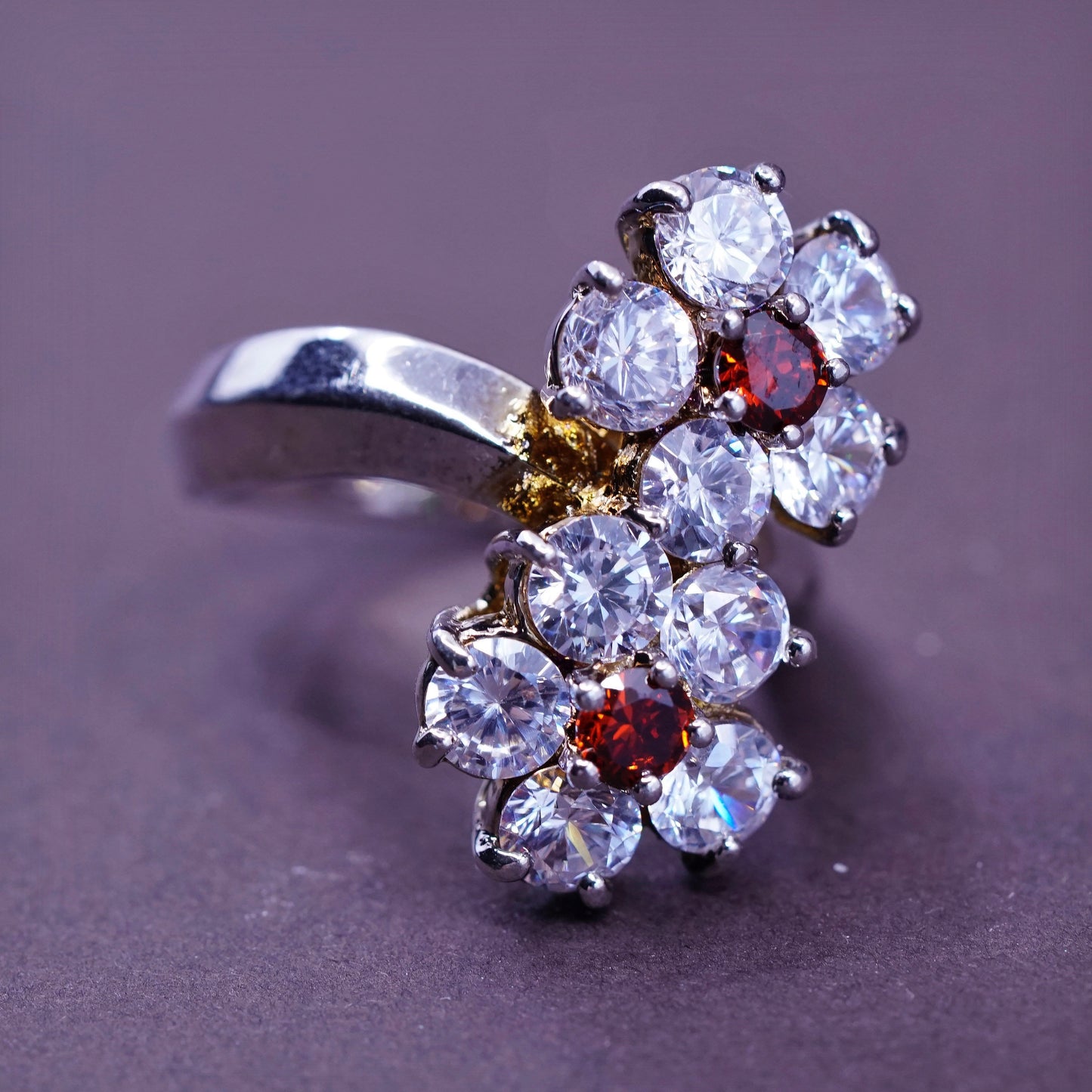 Size 6.75, vtg Sterling 925 silver handmade ring with crystal flower and ruby