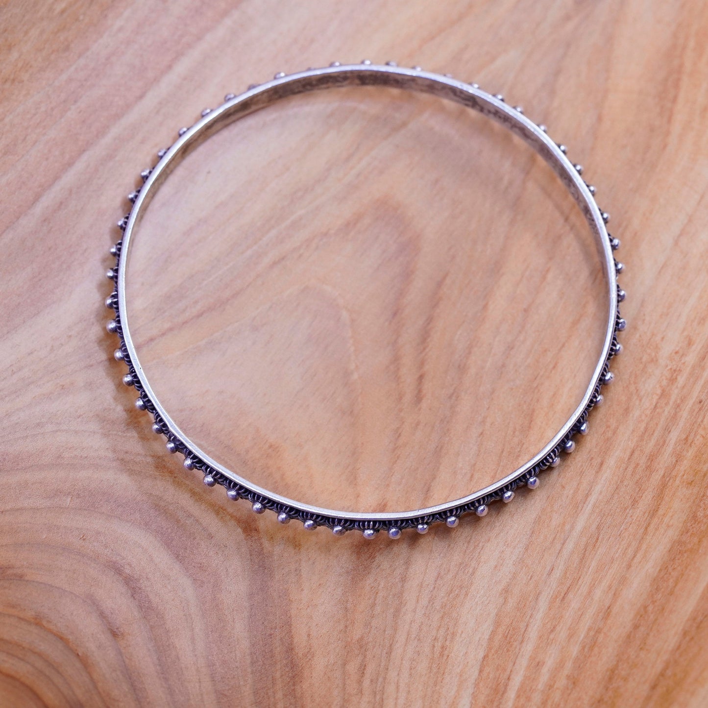 8”, Vintage mexico Sterling silver handmade bracelet, bead textured 925 bangle