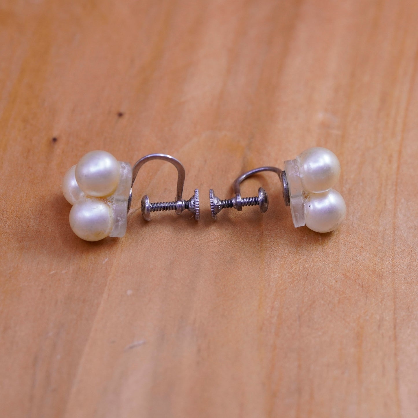 Vintage Sterling 925 silver screw handmade earrings with pearl