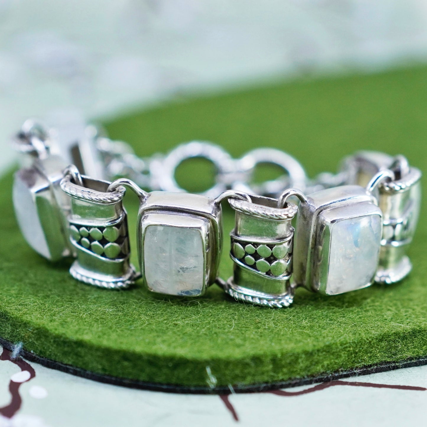 7”, vtg Sterling 925 silver handmade bold bracelet with rectangular moonstone