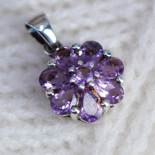 Vintage Sterling 925 silver handmade flower pendant with amethyst