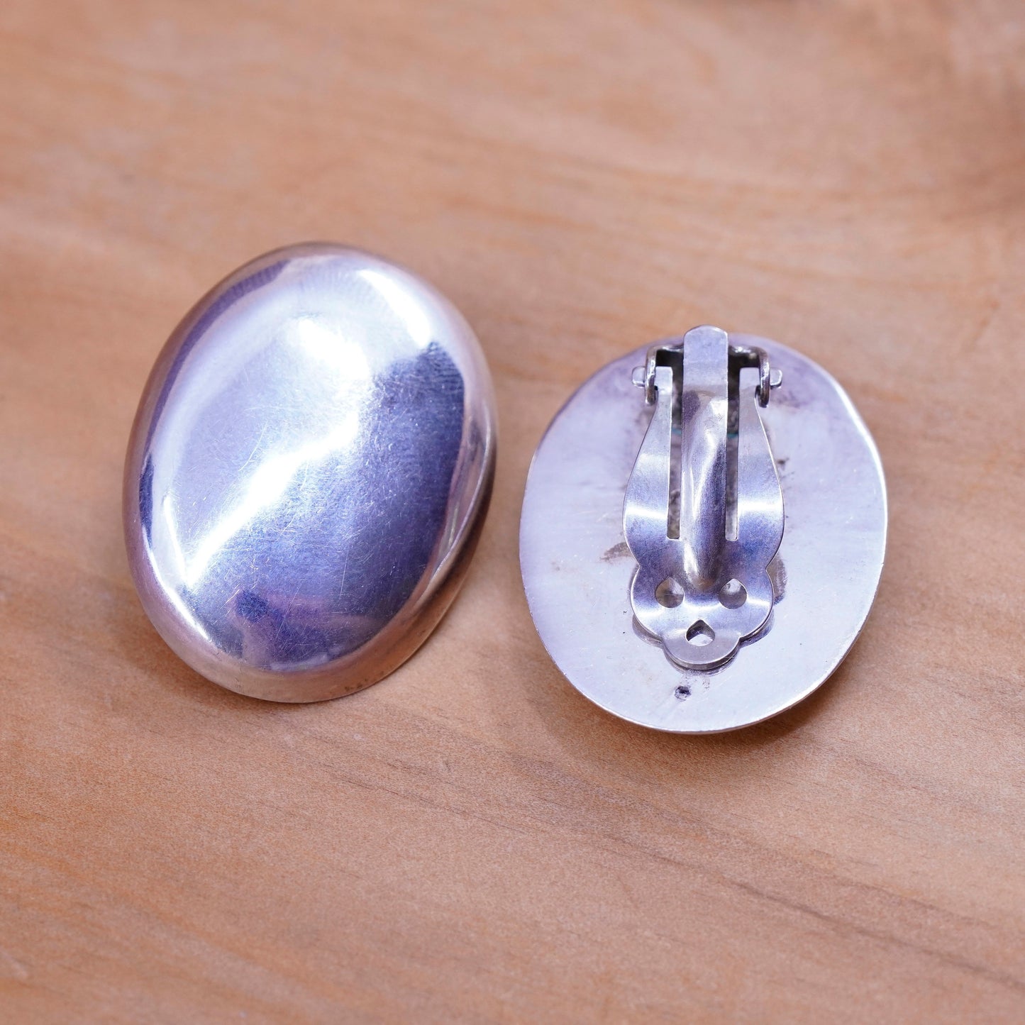 Vintage Sterling silver handmade clip on, 925 modern oval earrings