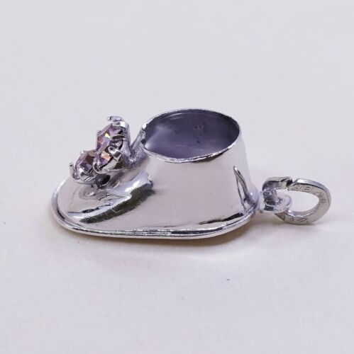 Vtg Beau Sterling Silver Handmade Pendant, 925 silver Shoe W/ Pink Heart Cz