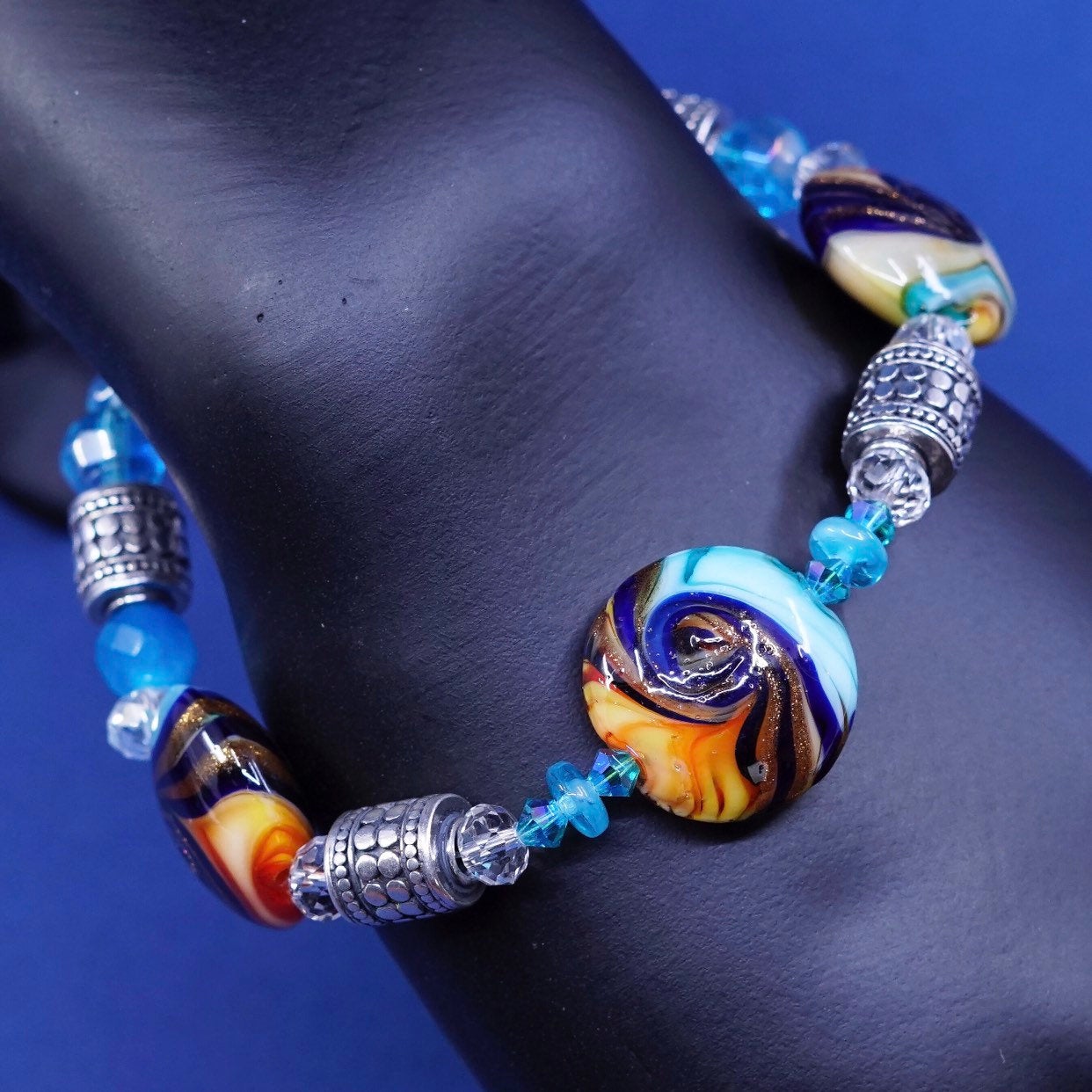 7.25", handmade sterling silver bracelet, 925 beads w/ foiled glass N heart