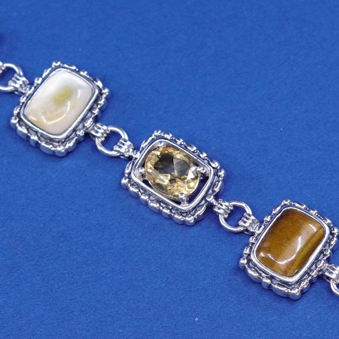 7.25", vtg sterling 925 silver handmade bracelet w/ mop, tiger’s eye N citrine