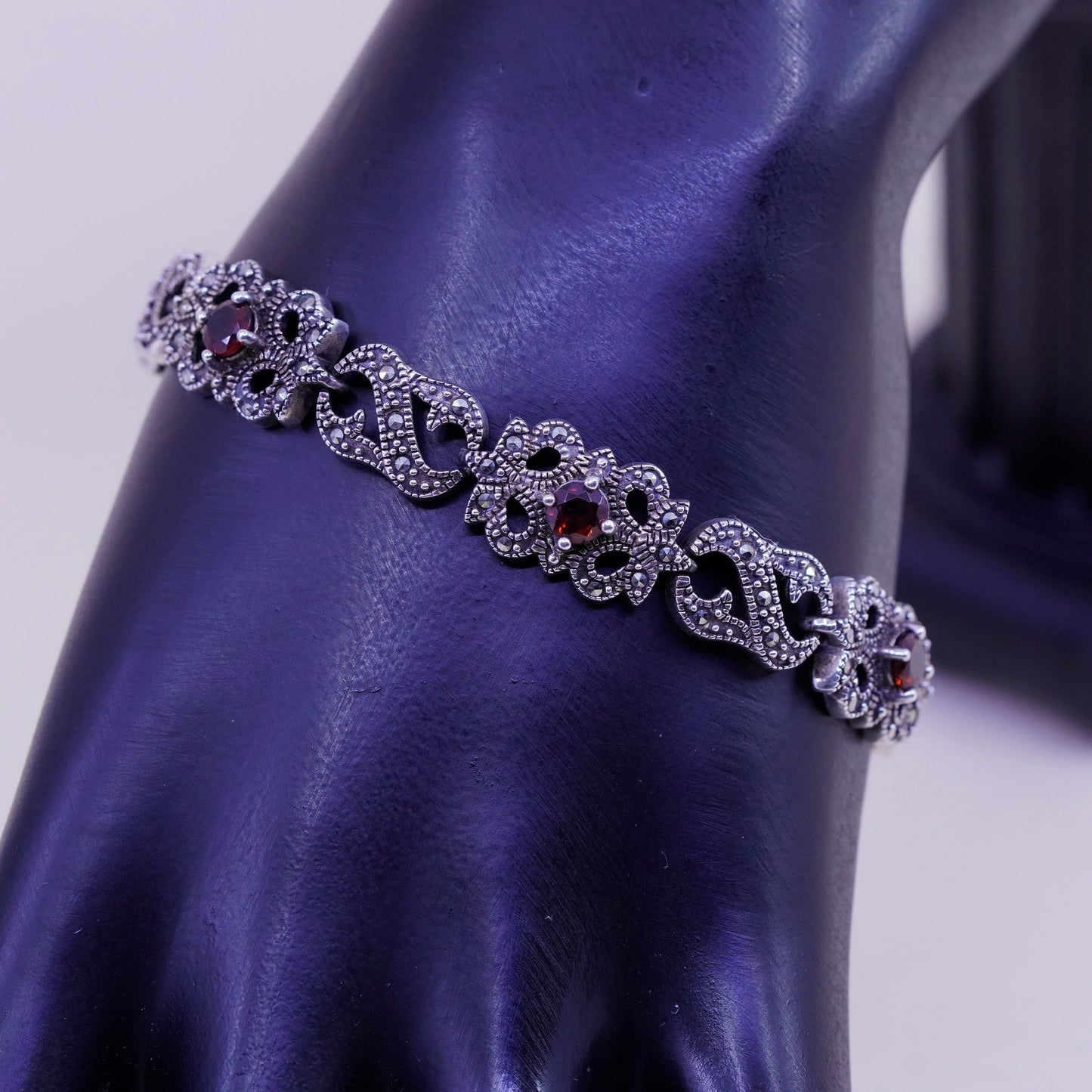 6.75”, Sterling Silver Handmade Bracelet, 925 chain with Marcasite ruby