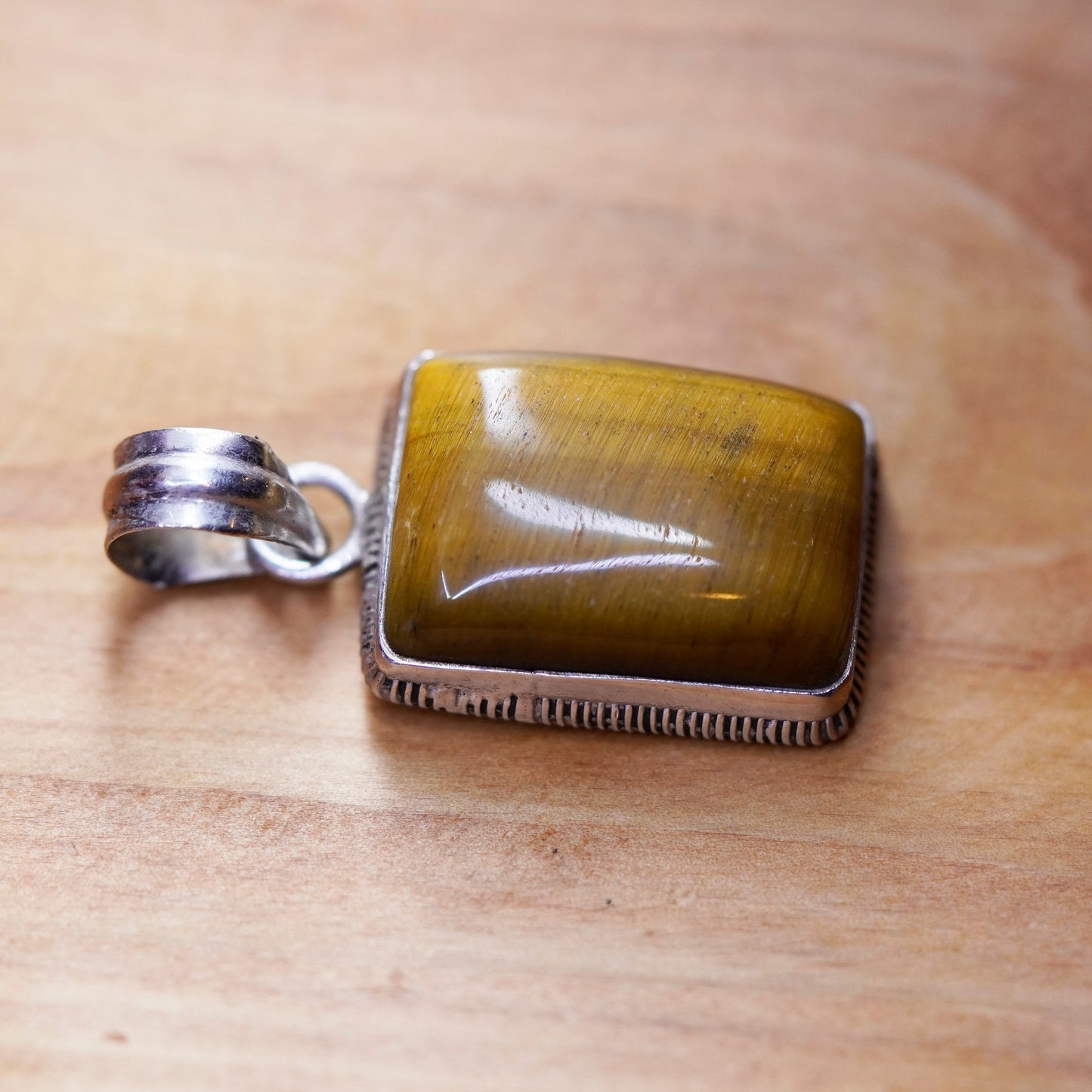 Vintage Sterling 925 silver handmade rectangular pendant with golden tiger eye