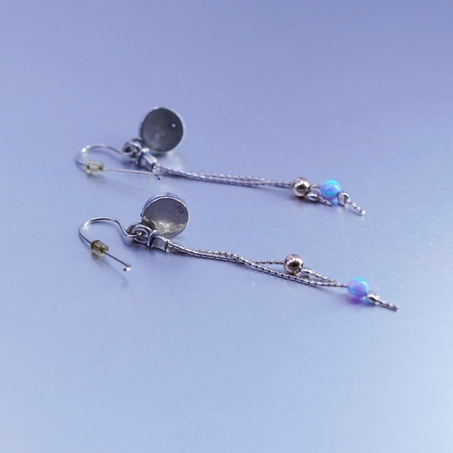 Vintage Sterling 925 silver handmade opal earrings with long fringe