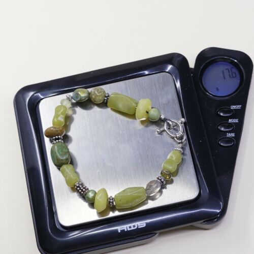 6.5”, Vintage Sterling Silver Handmade Bracelet, 925 Silver W/ Jade N Crystal