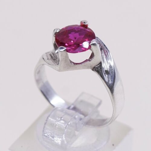 Sz 7.5, Vtg Modern Sterling 925 Silver Handmade Ring W/ Round ruby, stamped 925