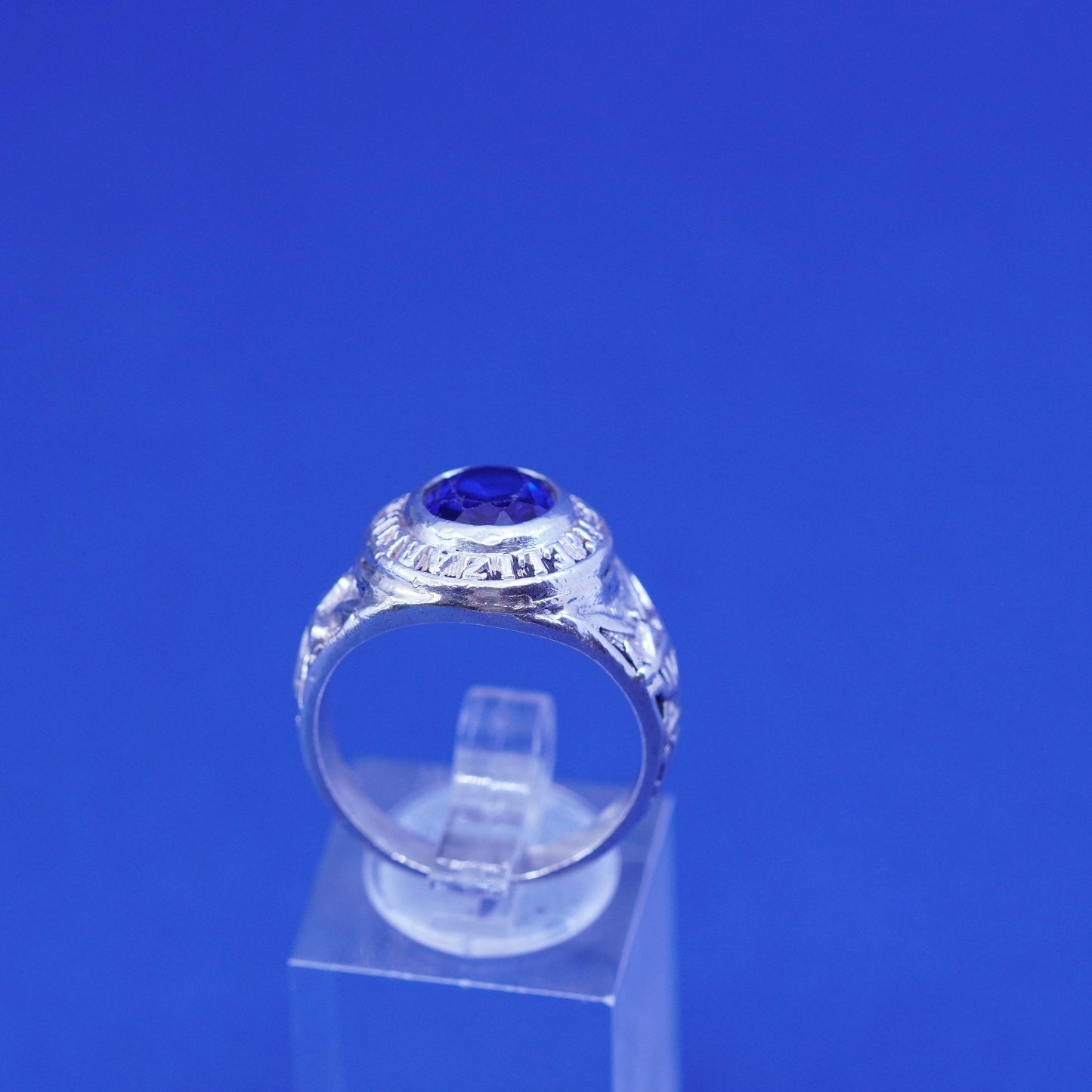 Size 9.5, vintage 1974 sterling 925 silver handmade ring w/ blue topaz and name