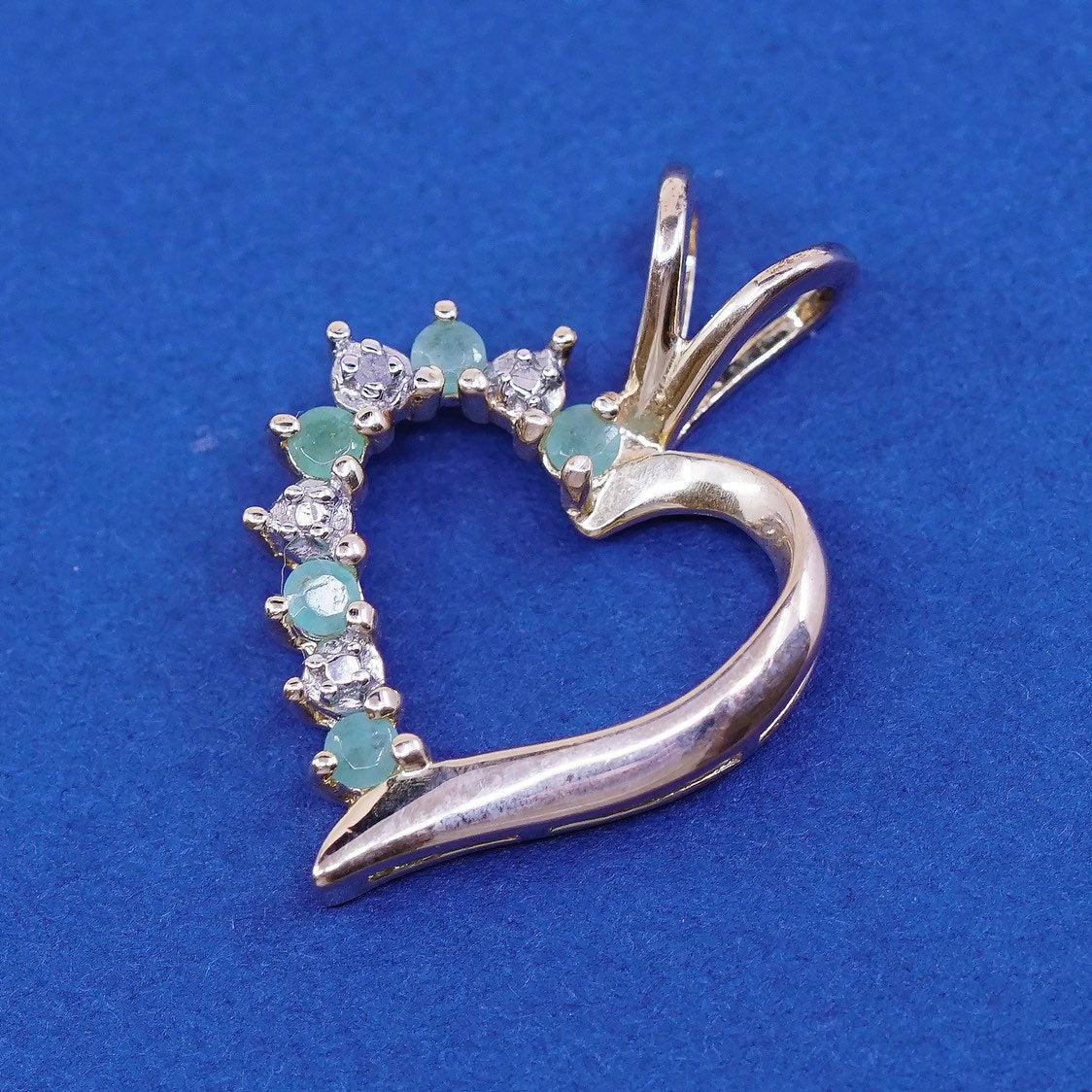 vtg Vermeil gold Sterling silver handmade pendant, 925 heart w/ diamond N jade