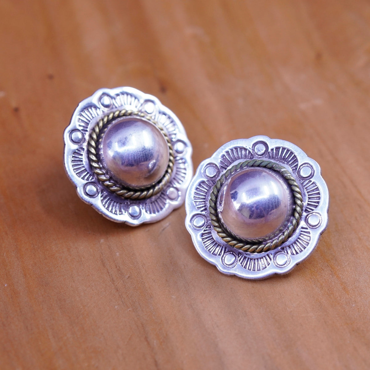 two tone Mexico Sterling silver earrings, 925 flower studs with brass cable